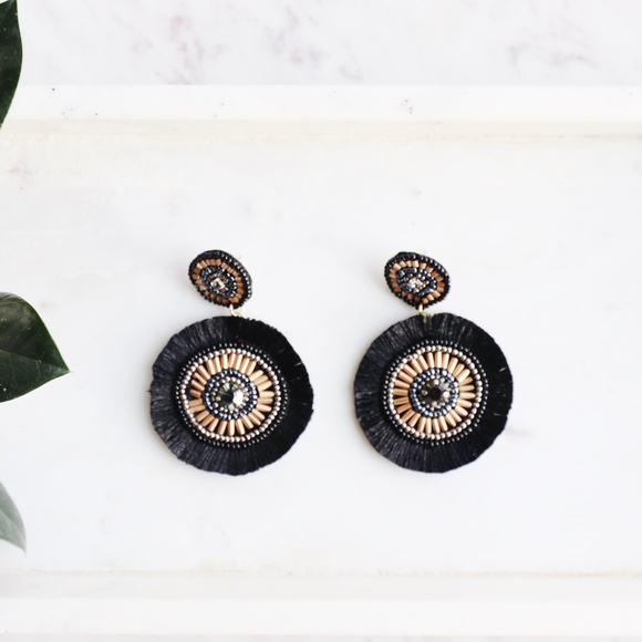 Black and Gold Beaded Tassel Earrings - Picture 3 of 3